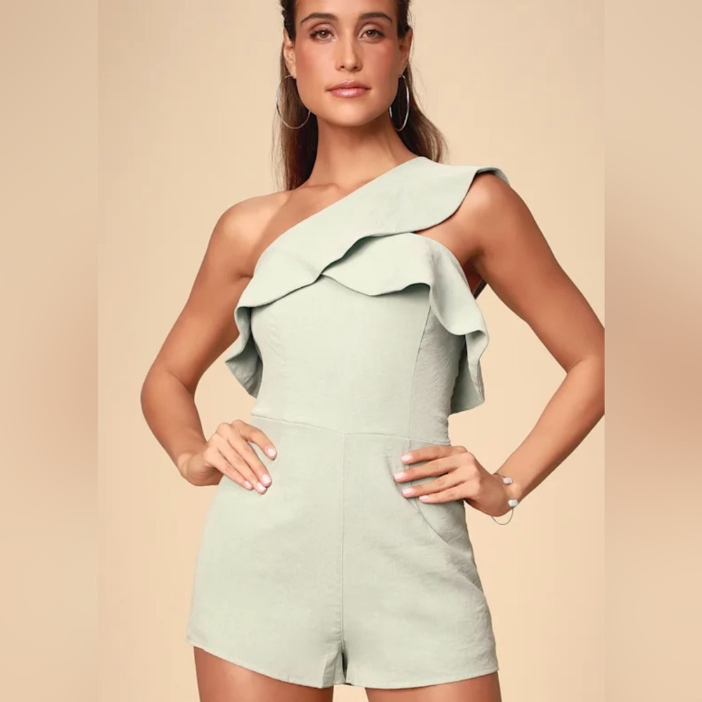 LULU’S BUTTERFLY EFFECT SAGE GREEN ONE-SHOULDER ROMPER